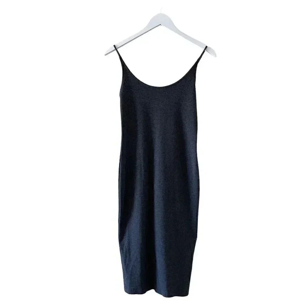H& M Ribbed Spaghetti Straps Charcoal Gray Slim MIDI Women’s Dress SZ S #1244